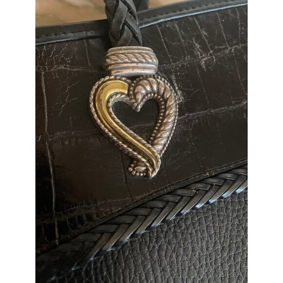 Brighton Black Leather Bucket Purse Bag Braided Handle Snap Close Heart Detail - Picture 2 of 8